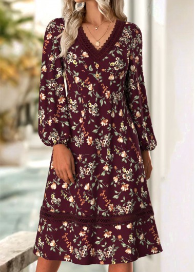 Modlily Deep Red Floral Print Long Sleeve V Neck Dress - M