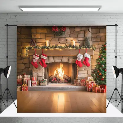 Aperturee Indoor Room Sock Gifts Fireplace Christmas Backdrop - Aperturee