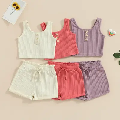 Toddler Baby Girl Summer Ribbed Clothes Solid Knit Button Crop Tank Top Elastic Waist Shorts Set Casual Outfits 1-8 Years #Sp...