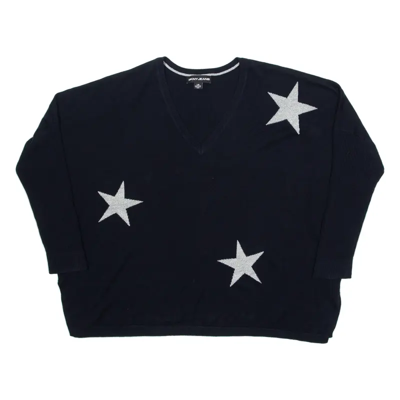 DKNY Star Womens Patterned Jumper Blue V-Neck Tight Knit L