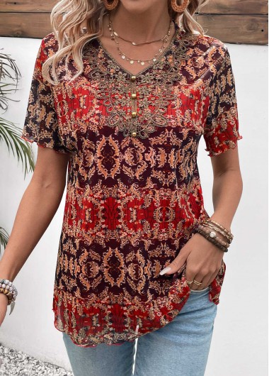 Modlily Multi Color Button Tribal Print Short Sleeve Blouse - XXL
