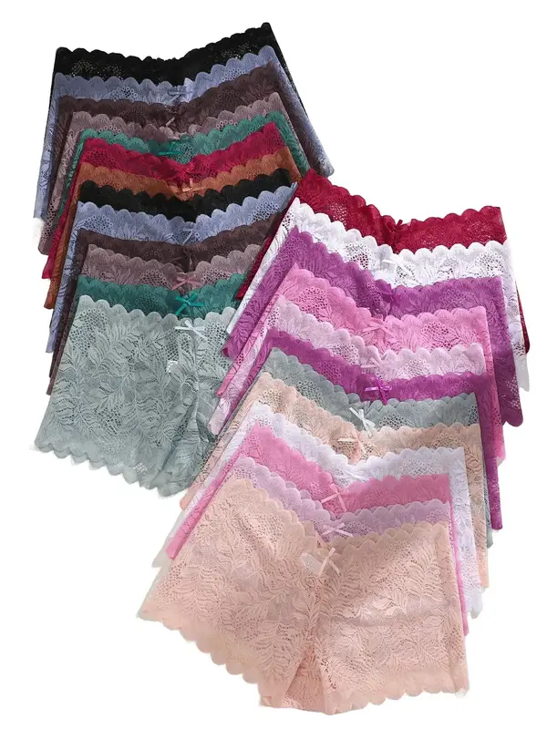 Women's 25pcs Plain Contrast Lace Boyshort, Elegant Chic Pastel Bow Decor Scallop Trim Panty for Daily Wear, Underwear for Wo...