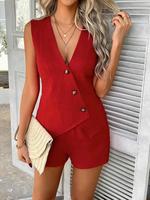 Two-Piece Set Women's Solid Button Front Sleeveless Vest Blazer & Shorts, Casual Fashion Two-piece for Daily Outdoor Wear, Wo...