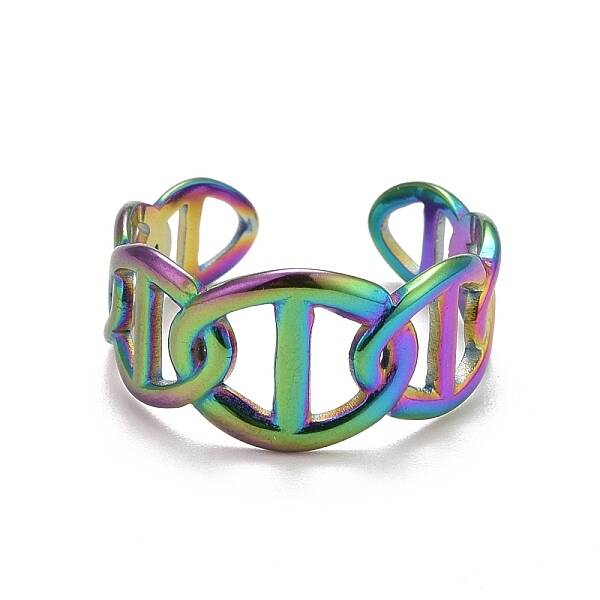 Rainbow Color Ion Plating(IP) 304 Stainless Steel Hollow Open Cuff Ring for Women