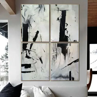 Abstract Patterns Art Set Of 4 Black White Abstract Painting Room Decor Minimal Large Painting | POTENTIAL