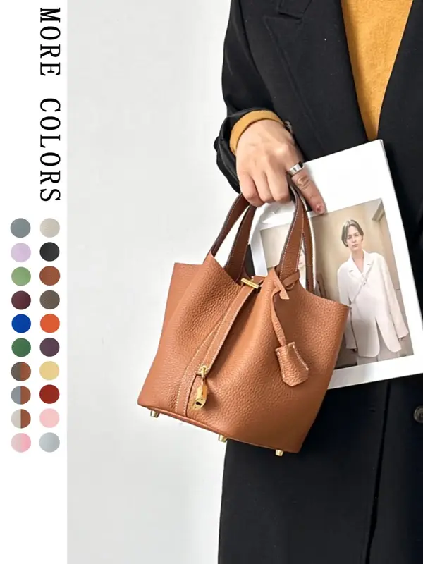 Women's Cowhide Bucket Bag, Ladies Purse, Fashionable Solid Color Handbag, Casual Versatile Shoulder Bag for Daily Used, Tren...