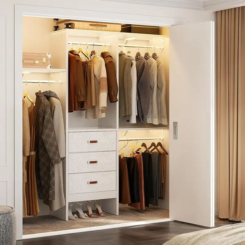 Cyclysio 5FT Wooden Closet System with 3 Fabric Drawers, 19-59 Inches(cut to fit) Sturdy Walk In Closet Organizer System With...