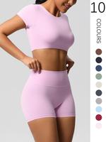 Women's Solid Crop Top & High Waist Shorts Tracksuit Set, Breathable Sweat-absorbing Yoga Gym Workout Outfits, Ladies Sportsw...