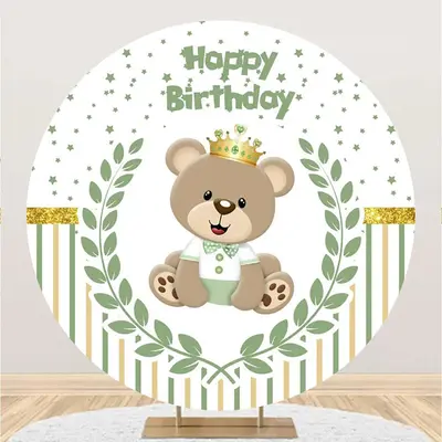 Bear Green Leaf Stars Stripe Round Birthday Backdrop - Aperturee