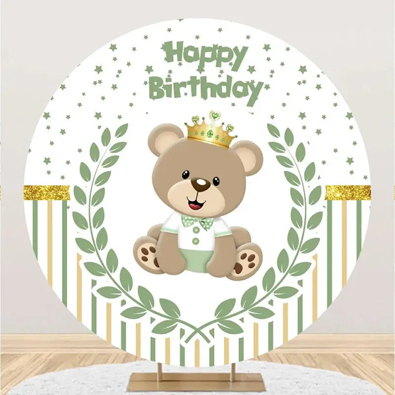Bear Green Leaf Stars Stripe Round Birthday Backdrop - Aperturee