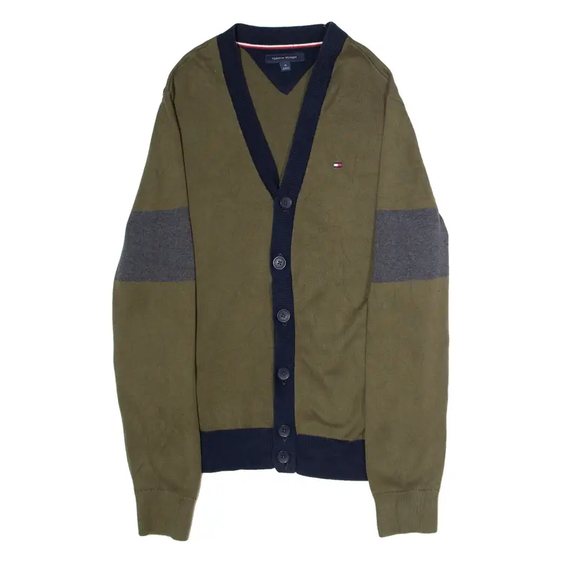TOMMY SPORT Mens Cardigan Green V-Neck Tight Knit M