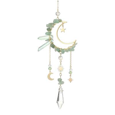 Natural Green Aventurine Chips & Brass Moon Pendant Decorations