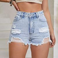 Women’s Frayed Hem Denim Shorts with Pockets, Casual Fashion Ripped Shorts for Daily Wear, Ladies’ Summer Bottoms, Pants ...