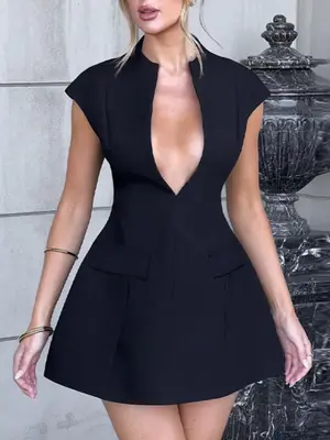 Women's Solid Deep V Neck A Line Dress, Elegant Fashion Cap Sleeve Zipper Dress for Daily Outdoor Wear, Plunge Neck Top, Ladi...