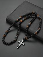 Retro Tiger Eye Stone Beaded Design Cross Charm Decor Pendant Necklace, Charms Necklace, Men's Accessories, Trendy All-match ...