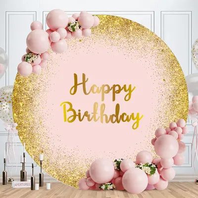 Aperturee Golden And Pink Glitter Circle Happy Birthday Backdrop