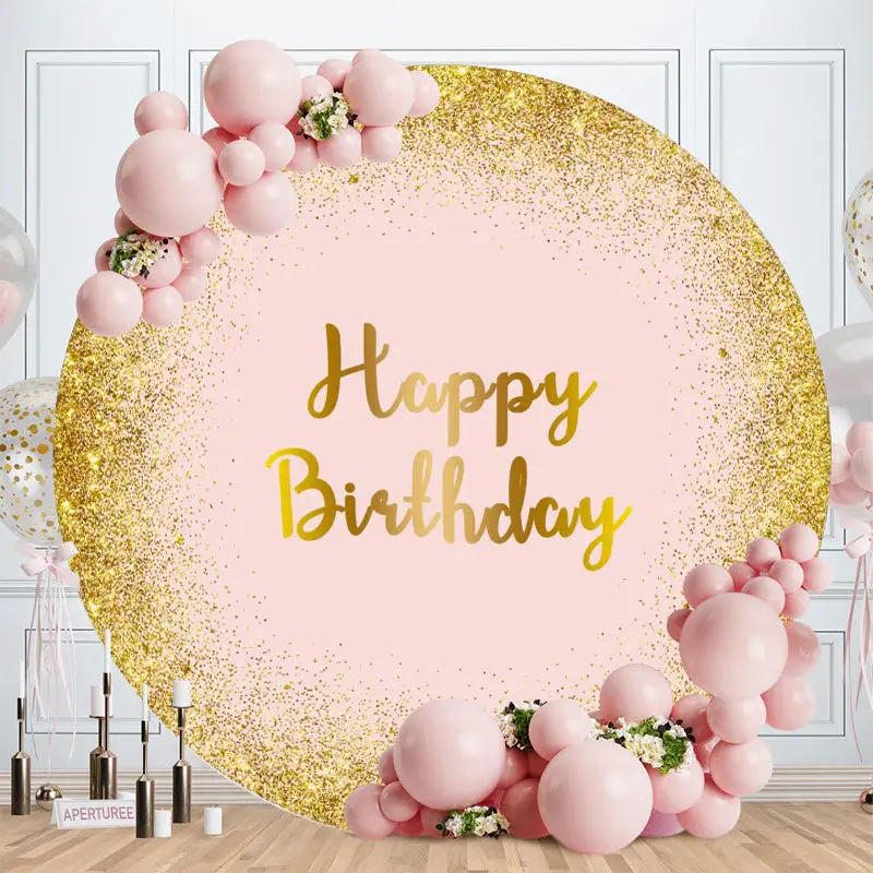 Aperturee Golden And Pink Glitter Circle Happy Birthday Backdrop