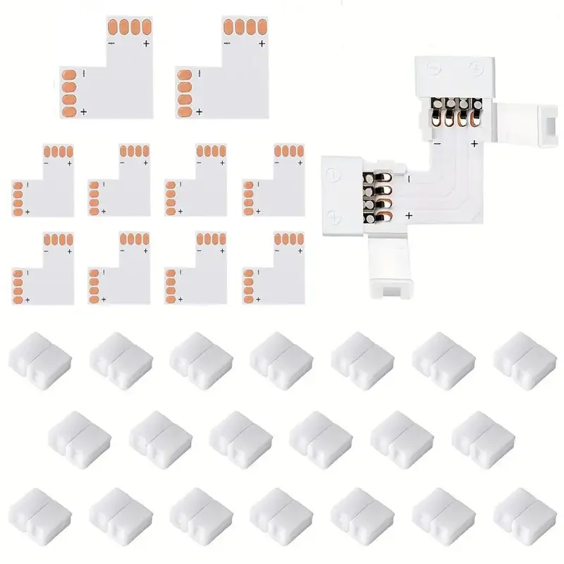 L-shaped LED Strip Light Connector, 1 Set 4 Pin Self-adhesive Strip Light Splitter with 20pcs Clips, Connectors Solderless Ad...