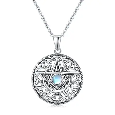 Sterling Silver Moonstone Moon & Pentagram Pendant Necklace