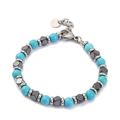 Synthetic Turquoise & Magnetic Synthetic Hematite Round Beaded Bracelet