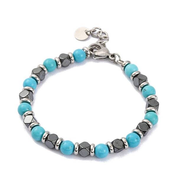 Synthetic Turquoise & Magnetic Synthetic Hematite Round Beaded Bracelet