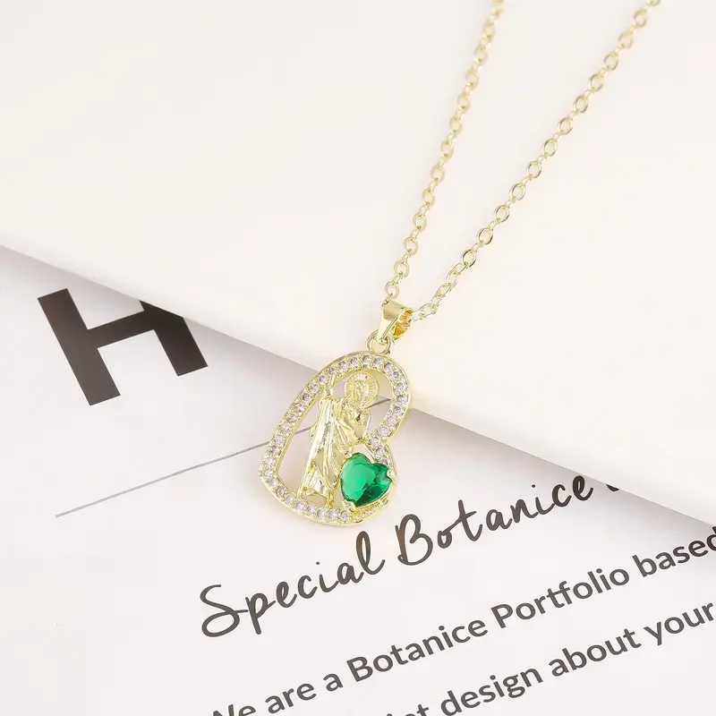 St Jude 18k Gold Inspired Prayer Necklace with Green Zirconia Pendant Unisex Copper Jewelry for Faith and Career Enthusiasts