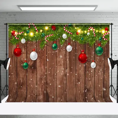 Green Leaves Bauble Wood Merry Christmas Backdrop - Aperturee