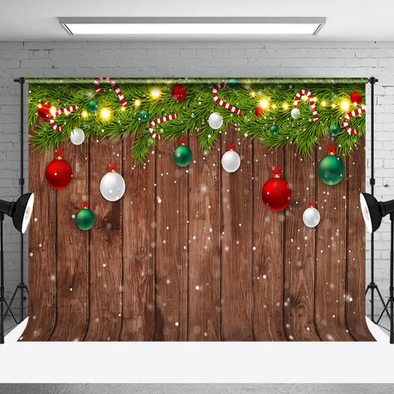 Green Leaves Bauble Wood Merry Christmas Backdrop - Aperturee