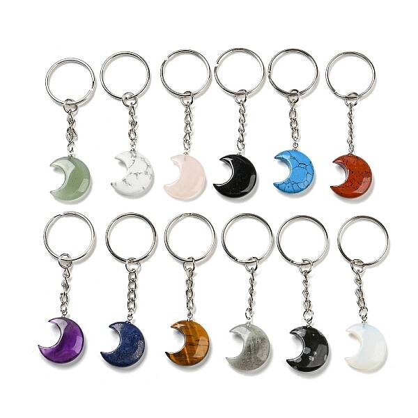 Reiki Natural & Synthetic Mixed Gemstone Moon Pendant Keychains