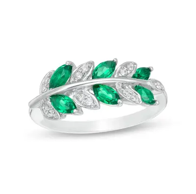 10K White Gold Marquise Cut 0.3 CT. T.W. Lab-Created Emerald and 0.1 CT. T.W. Diamond Leaves Band