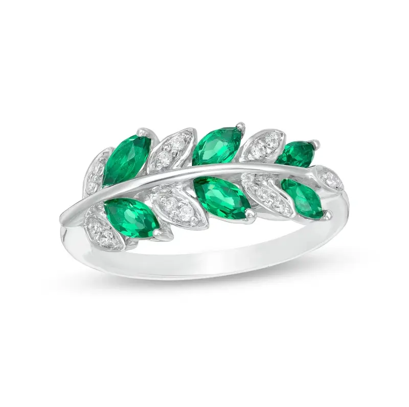10K White Gold Marquise Cut 0.3 CT. T.W. Lab-Created Emerald and 0.1 CT. T.W. Diamond Leaves Band