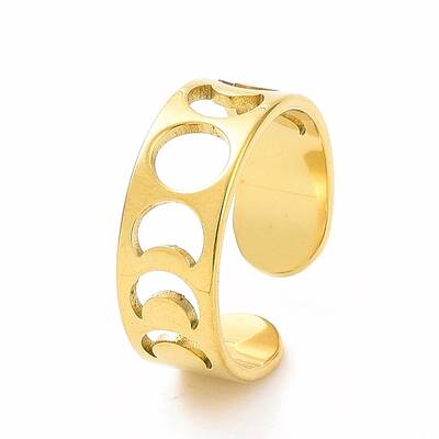 Ion Plating(IP) 304 Stainless Steel Hollow Out Moon Phase Open Cuff Ring for Women