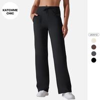 KatchMe Athleisure Women's Solid Color High Waist Drawstring Stretchy Wide Leg Yoga Pants,Basic Plain Fitted Pocket Trousers,...