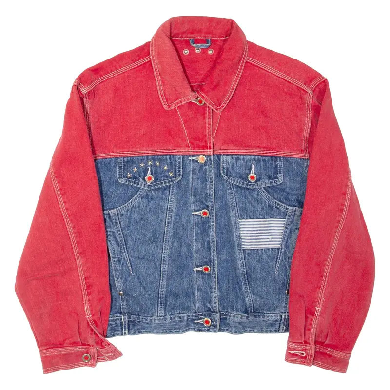 Womens Denim Jacket Red USA Colourblock L