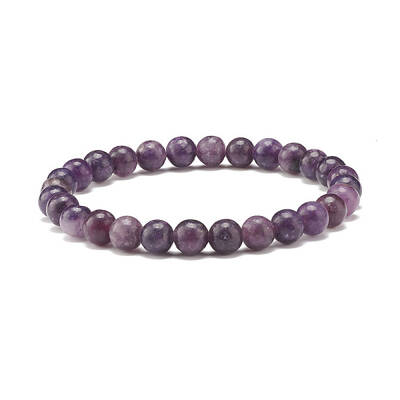 Natural Lepidolite/Purple Mica Round Beaded Stretch Bracelet