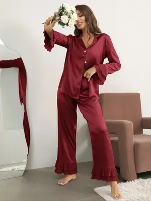 Women's Button Front Elastic Waist Pyjamas Set, Casual Flounce Sleeve Top & Ruffle Trim Trousers, Fashion Comfy Ladies Two ...
