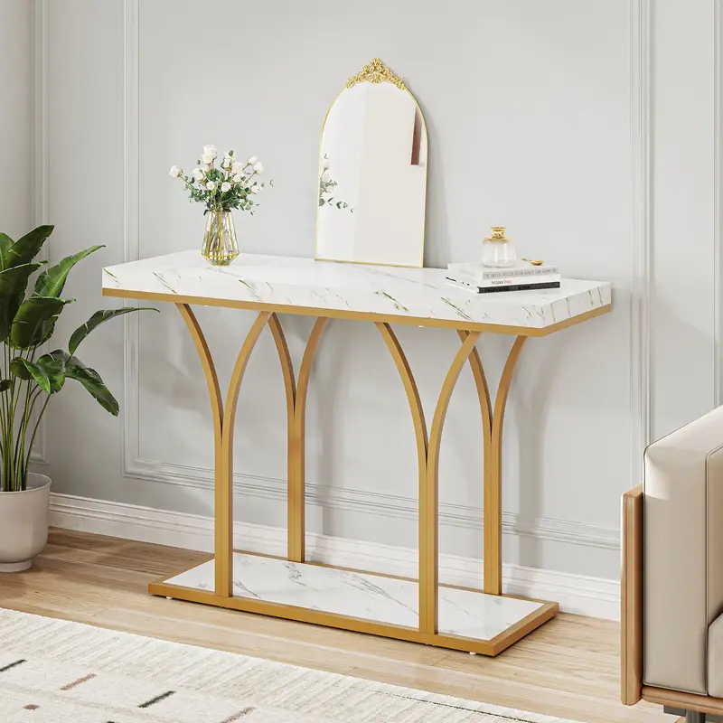 DWVO Gold Console Table with LED Lights, White and Gold Entryway Table, Modern Narrow Sofa Side Foyer Accent Table with Faux ...