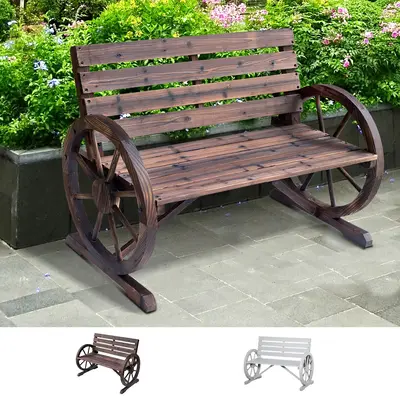 Outsunny 2-Person Wooden Garden Bench, Outdoor Wagon Wheel Porch Bench for Backyard Garden, Rustic Country Style Patio Furnit...
