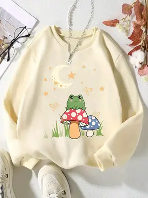 Girl's Cartoon Frog & Mushroom Print Sweatshirt, Casual Long Sleeve Round Neck Pullover for Spring & Fall, Kids Clothes for D...