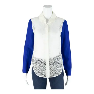 CARVEN Lace Blouse Blue Collared Floral Long Sleeve Womens S