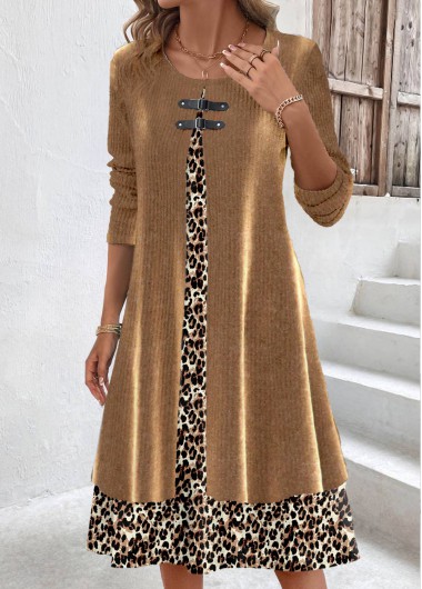 Modlily Light Coffee Fake 2in1 Leopard A Line Dress - XXL