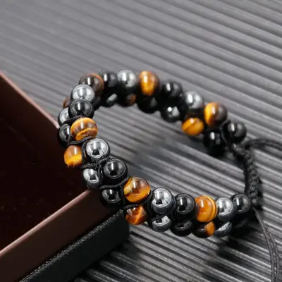 Triple Protection Natural Stone Bracelet Tigers Eye Black Obsidian & Hematite 6mm Beads Magnetic for Men Women Jewelry Mental...