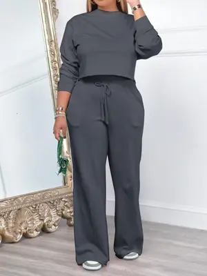 Women's Solid Drop Shoulder Top & Drawstring Waist Flare Leg Pants Set, Casual Chic Long Sleeve Round Neck Top & High Waist B...