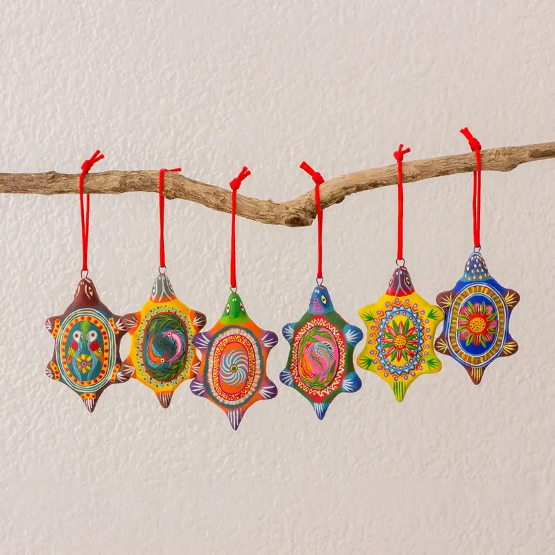 NOVICA Tropical Turtles Handcrafted Guatemalan Ceramic Turtle Ornaments (Set of 6)