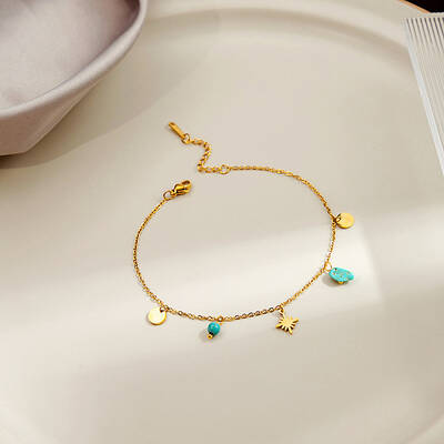 304 Stainless Steel & Synthetic Turquoise Charm Anklets