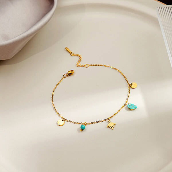 304 Stainless Steel & Synthetic Turquoise Charm Anklets