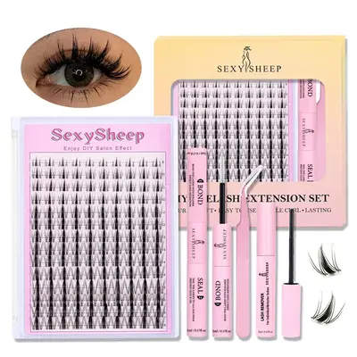 Manga C Curl Wet Look Eyelashes Extension Kit, Eyelash Clusters with Bond and Seal & Tweezers & Remover, Eye Makeup Enhanceme...