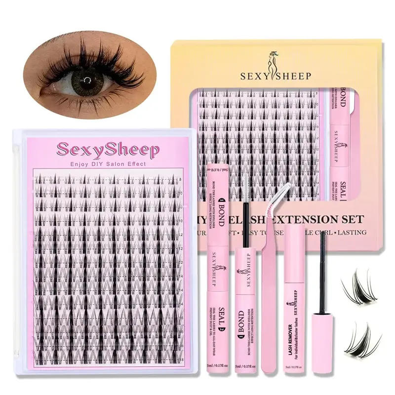 Manga C Curl Wet Look Eyelashes Extension Kit, Eyelash Clusters with Bond and Seal & Tweezers & Remover, Eye Makeup Enhanceme...