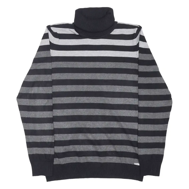 CALVIN KLEIN Patterned Jumper Grey Striped Tight Knit Roll Neck Womens L