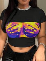 Women's Hand Graphic Round Neck Crop Baby Tee, Casual Short Sleeve Crew Neck Skinny T-shirt, T Shirts for Women, Vintage Gra...